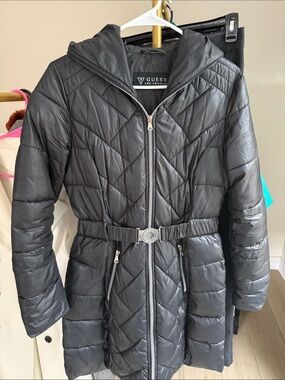 Guess Black Quilted Hooded Puffer Coat with Belt